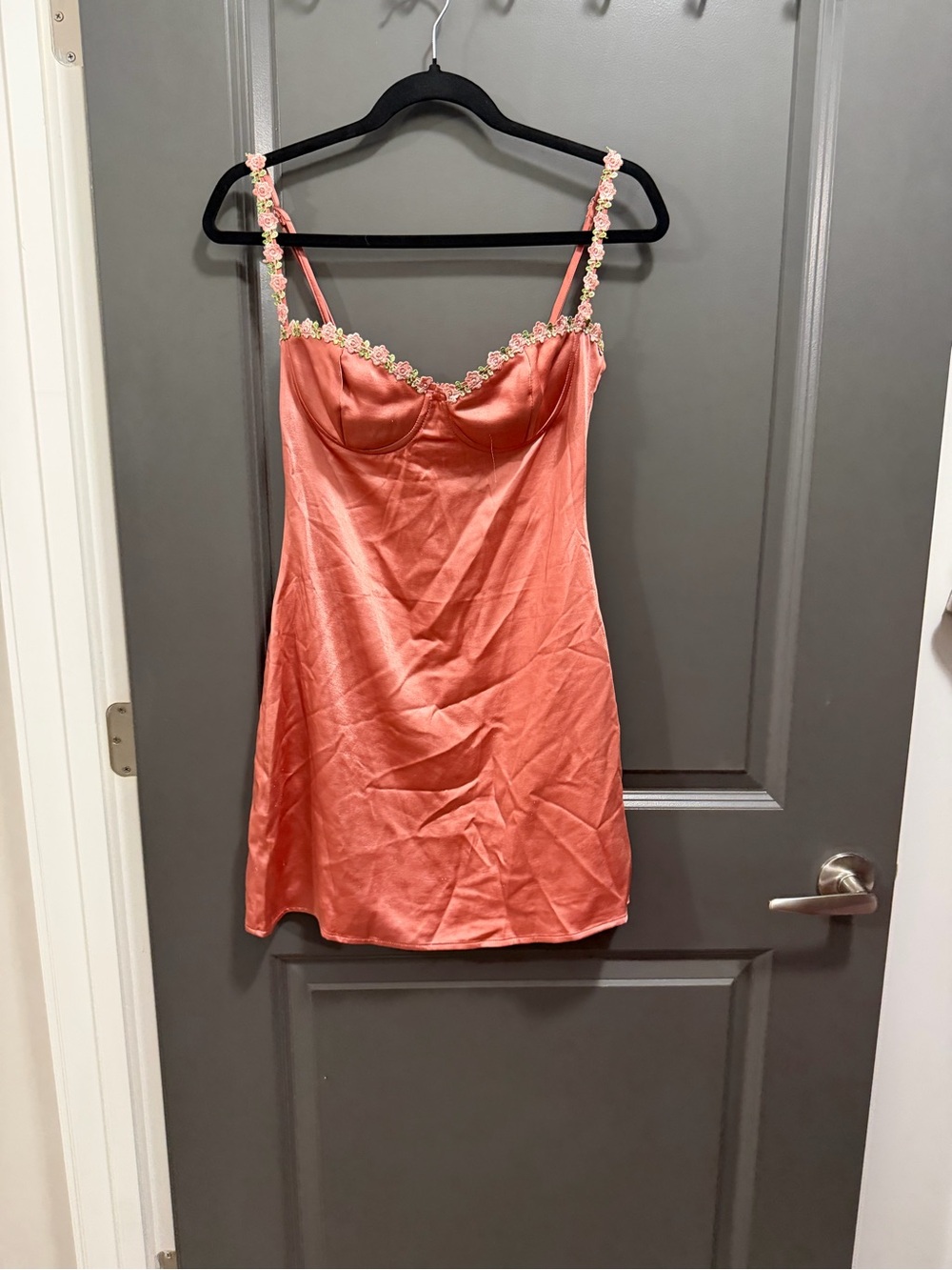 Princess Polly Coral Satin Floral-Trim Dress